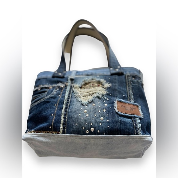Denim patchwork shoulder bag upcycled jeans boho bag - Picture 9 of 16